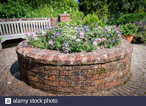 Garden With Bench, Brick Raised Beds, Brick Flower Bed, Brick Planter, Tree Seat, Brick Yard, Front Yard Patio, Recycled Brick, Tree Planters