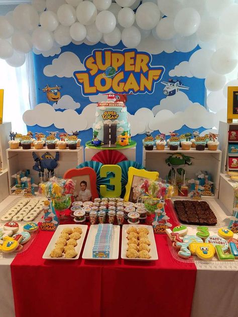 Super Logan birthday party | CatchMyParty.com Superwings Party, Super Wings Birthday Party, Wings Party, Chocolate Covered Cookies, Chocolate Covered Pretzel Rods, Super Wings, Leo Birthday, Paw Patrol Birthday Party, Art Birthday Party