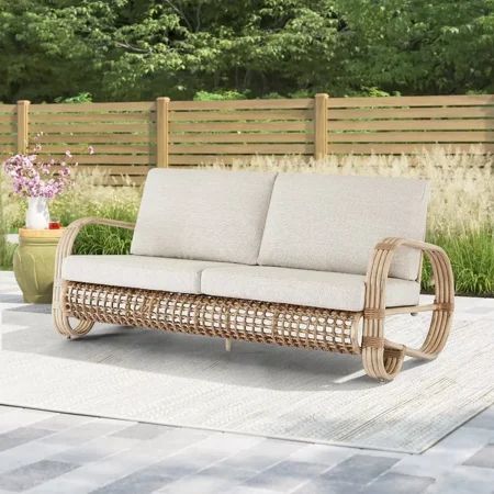 Rest assured that our 2 seat wicker outdoor sofa can be integrate in your outdoor space! Crafted from water-resistant resin PE wicker wrapped in powder-coated aluminum frame ensure years of long-lasting and durability, which can support up to 600 lbs. The foot pads on the bottom prevent chairs from scratching your beloved floor. In particular, the overall arc structure of the hollowed-out rattan at the bottom is eye-catching and reduces stereotypes. We love that it come with upgraded foam-filled cushions for all-day lounging. Plus, the cushions have a detachable zipper to make cleaning a breeze. The patio love seat can used in your dining room, patio, balcony, garden, porch, and even pool. Color: Beige. Indoor Sunroom Furniture Ideas, Sunroom Furniture, Porch Sitting, Wicker Loveseat, Rattan Outdoor Furniture, Porch Furniture, Outdoor Loveseat, Wicker Patio Furniture, Patio Sofa