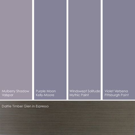 Grey-Violet palette - by Jennifer Ott :: From left to right: Mulberry Shadow 4003-4A, from Valspar; Purple Moon KM3085-2, from Kelly-Moore; Windswept Solitude 011-5, from Mythic Paint; and Violet Verbena 445-5, from Pittsburgh Paint. Bedroom Purple And Gray, Paint Lavender, Purple Paint Colors, Purple Bedrooms, Bathroom Paint Colors, Grey Paint, Grey Paint Colors, Purple Paint, Room Paint Colors