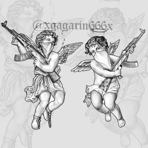 Gangsta Cupid Tattoo, Cherubs Tattoo Designs, Evil Cherub Tattoo, Gangsta Angel Tattoo, Gangster Angel Tattoo, Cupid Tattoo Design, Chicano Angel Tattoo, Angels Tattoo Designs, Chicano Tattoo Design Ideas