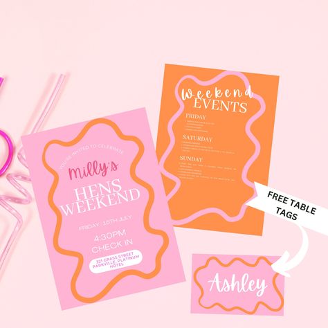 Pink And Orange Bachelorette Theme, Pink And Orange Hens Theme, Hens Party Invite, Pink Orange Invitation, Orange And Pink Birthday Invitations, Pink And Orange Bridal Shower Invite, Hens Ideas, Brow Studio, Bachelorette Invite