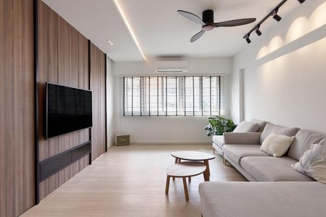 False Ceiling Living Room Minimalist, Minimal Ceiling Design Living Rooms, Hdb Lighting Ideas, Cove Lighting Ceiling Living Rooms, Japandi Hdb, Cove Lights, Hdb Living Room, Cove Light, Scandinavian Interior Living Room