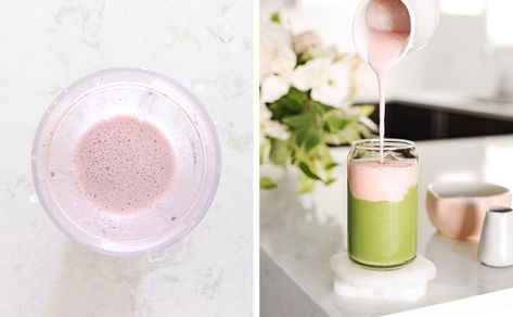 Iced matcha oat milk latte topped with blended strawberry sweet cream makes for a fruity twist on your favourite matcha latte #matcha #matchalatte | teakandthyme.com Matcha Oat Milk, Strawberry Matcha Latte, Matcha Drink Recipes, Matcha Oats, Oat Milk Latte, Latte At Home, Strawberry Matcha, Matcha Latte Recipe, Green Tea Recipes