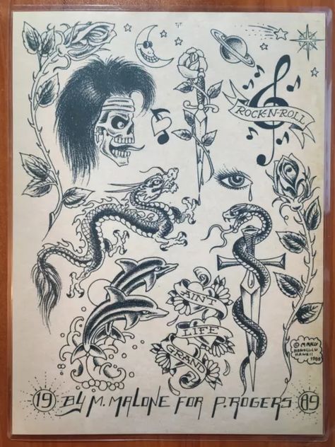 1989 Mike Rollo Malone Traditional Vintage Style Tattoo Flash Sheet Paul Rogers 70s Tattoo Flash, Mike Malone Flash, Antique Tattoo, Trad Flash, Lucky Tattoo, Vintage Tattoo Flash, Vintage Tattoo Art, Vintage Style Tattoos, Drawing Pics