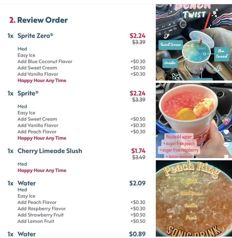 Healthy Sonic Drinks, Sonic Drink Recipes, Sugar Free Sonic Drinks, Sonic Secret Menu Drinks, Sonic Slush Combinations, Swig Drink Recipes, Sonic Drink Orders, Sonic Drinks Combinations Ideas, Soda Drink Recipes