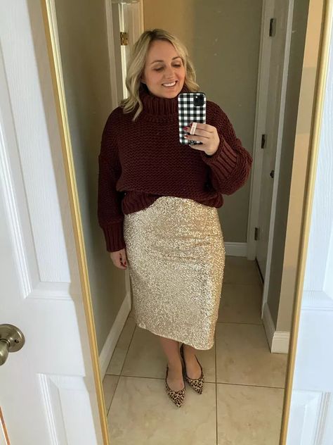 Chunky sweater | Sequin Skirt Ring in the New Year Glam Casual! #StayHomeWithLTK #LTKNewYearFree People curated on LTK #LTK #glamcasual #NYE #NYEathome #sparkle #sequin #sequinskirt Plus Size Sparkle Skirt, Gold Sparkle Skirt Outfit, Sequin Silver Skirt Outfit, Sweater Skirt Outfit Winter, Sparkle Sweater Outfit, Skirt Oversized Sweater, Sparkle Skirt Outfit, Silver Skirt Outfits, Midi Skirt Outfit Winter