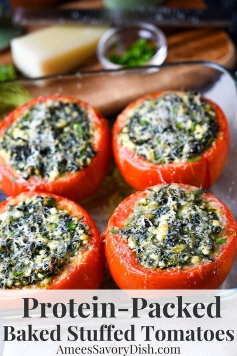 Baked Stuffed Tomatoes with Spinach and Cottage Cheese Healthy Stuffed Tomatoes, Roasted Stuffed Tomatoes Cottage Cheese, Stuffed Tomatoes Baked, Cottage Cheese And Tomatoes, Stuffed Tomatoes Recipes, Spinach Stuffed Peppers, Spinach Stuffed Tomatoes, Spinach And Cottage Cheese, Tuna Stuffed Tomatoes