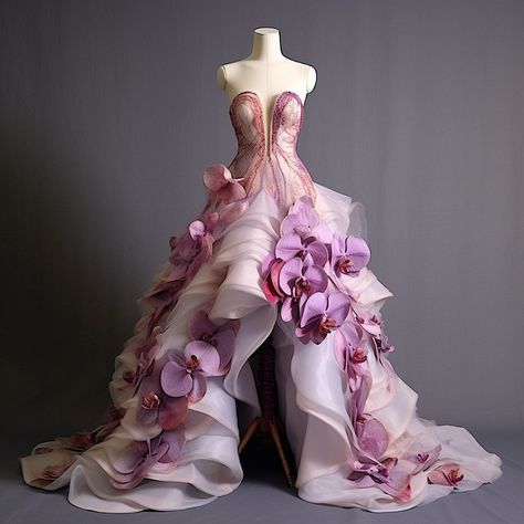 Orchid gown. 2023. Orchid Dress Outfit, Orchid Clothes, Cricket Cookies, Orchid Outfit, Flower Petal Dress, Gown 2023, Dress References, Orchid Dress, Ethereal Fashion