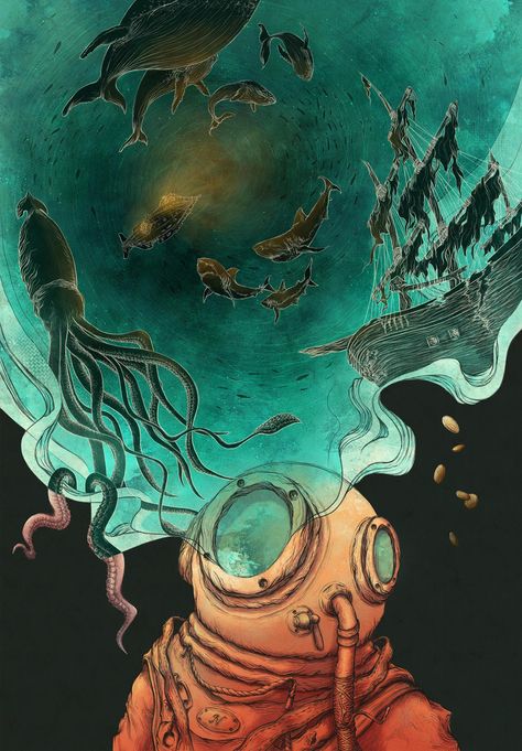 Cover illustration for the book 20,000 Leagues Under The Sea by writer Jules Verne. 20000 Leagues Under The Sea Illustration, 20000 Leagues Under The Sea Aesthetic, 20 000 Leagues Under The Sea, Jules Verne Aesthetic, Ocean Book Cover, 20000 Leagues Under The Sea, Under The Sea Art, Ocean Books, The Deep Ocean