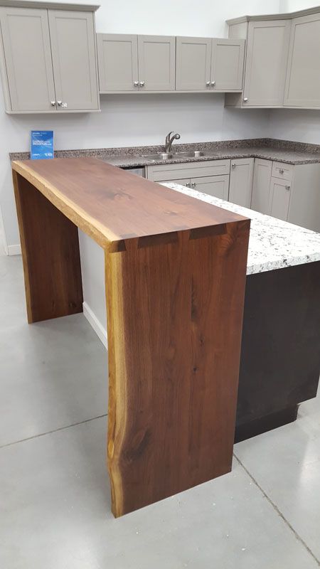 Kitchen Island With Raised Bar, Kitchen Tabletop Ideas, Raised Bar Kitchen Island, Narrow Kitchen Bar Counter, Chopping Block Counter Tops, Wood Waterfall Island, Water Fall Counter Top, Kitchen Island With Partial Butcher Block Top, Chopping Block Counter Top Island