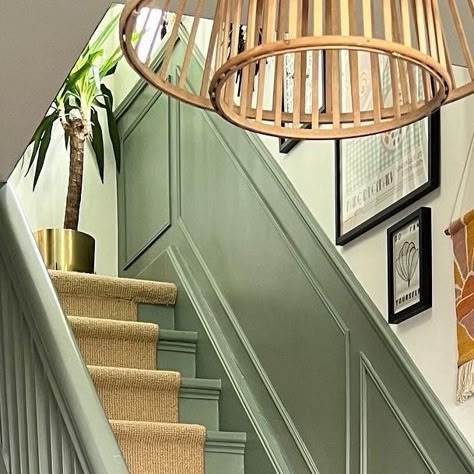 Painted Stairs And Panelling, Olive Green Staircase, Hallway Old House, Green Banister Ideas, Sanding Stairs Diy, Sage Green And Black Hallway, Green Painted Staircase, Green Hall Stairs And Landing, Green Stair Risers