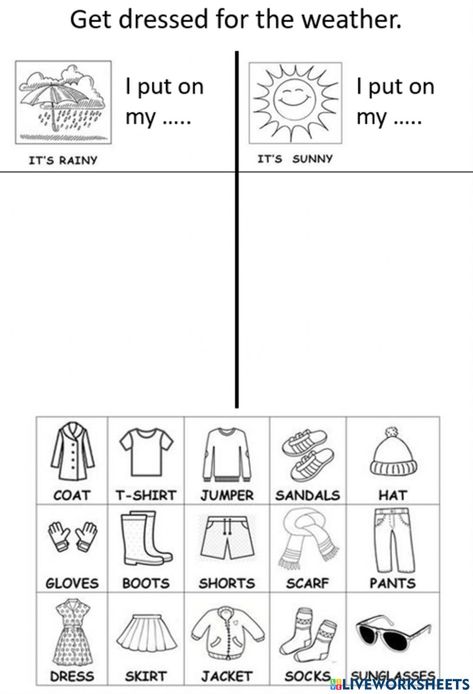 Esl Kindergarten Worksheets, Esl Clothes Worksheet, Winter And Summer Clothes Activities, Dress For The Weather Activity, Clothes Worksheets For Preschool, Kindergarten Weather Worksheets, Season Clothes Worksheet, Weather Exercises English, Interactive Worksheets For Kids