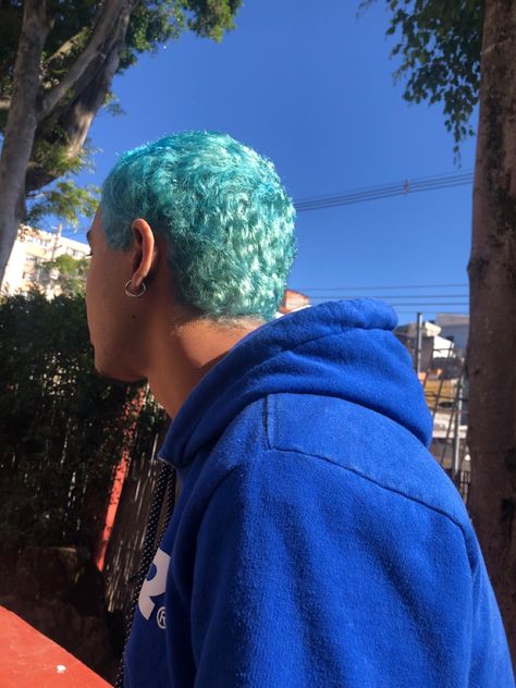 Peekaboo Hair Aesthetic, Blue Buzzcut, Blue Hair Men, Blue Peekaboo Hair, Blue Peekaboo, Blue Hair Aesthetic, Short Blue Hair, Dyed Hair Men, Light Blue Hair