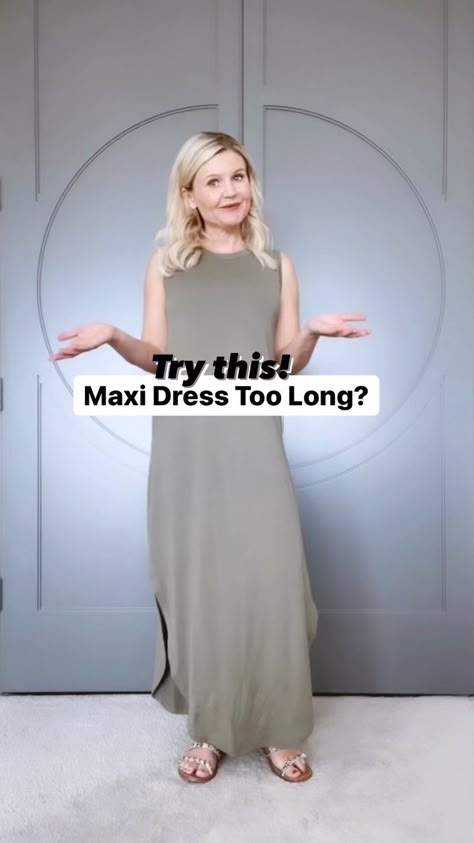 Do you have this problem? This is one way you can shorten a Maxi dress! I’ll show some other ways but you can also look for MIDI length or… | Instagram Tie Maxi Dress Knot, How To Knot A Maxi Dress, Knotting A Maxi Dress, Maxi Dress Too Long Hack, Tucking Hacks, Belt Hacks, Maxi Dress Too Long, Cute Outfits For Teachers, Maxi Dress Knot