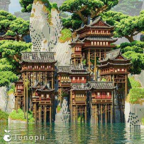 Minecraft build of a Japanese styled village on stilts by the water surrounded by large boulders and bonsai trees Japanese Mountain House Minecraft, Japanese Minecraft Farm, Minecraft Asian Village, Howls Moving Castle Minecraft, Minecraft Chinese Builds, Japanese Temple Minecraft, Minecraft Asian Builds, Minecraft Japanese House, Minecraft Japanese