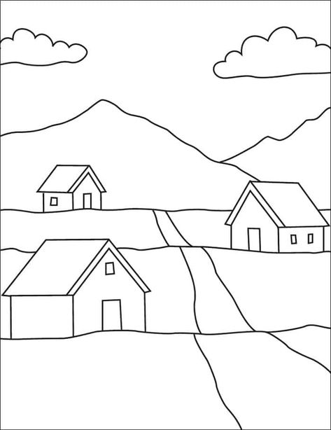 Easy How to Draw Scenery Tutorial and Scenery Coloring Page Drawings Landscaping Easy, Scenery Outline Drawing, Landscape Outline Drawing, Simple Landscape Coloring Pages, Easy Village Drawing, Easy Drawings Landscape, Houses Drawing Easy, Landscape Drawings Easy For Kids, Sceneries Drawing