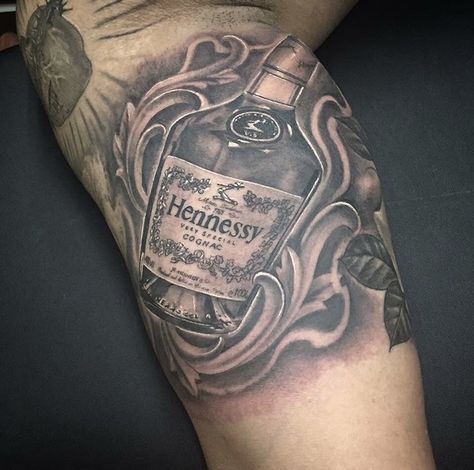 Hennessy Tattoo Designs, Hennessy Tattoo, Hennessy Bottle, Bottle Tattoo, Neck Tattoo, I Tattoo, Pretty Nails, Skull Tattoo, Sleeve Tattoos