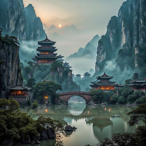 Fantasy Asian Landscape, Japanese Castle Concept Art, Fantasy Chinese City, Japanese Fantasy City, Japanese Fantasy Landscape, Japanese Castle Art, Japanese Environment, Japanese Palace, Ancient Chinese Architecture