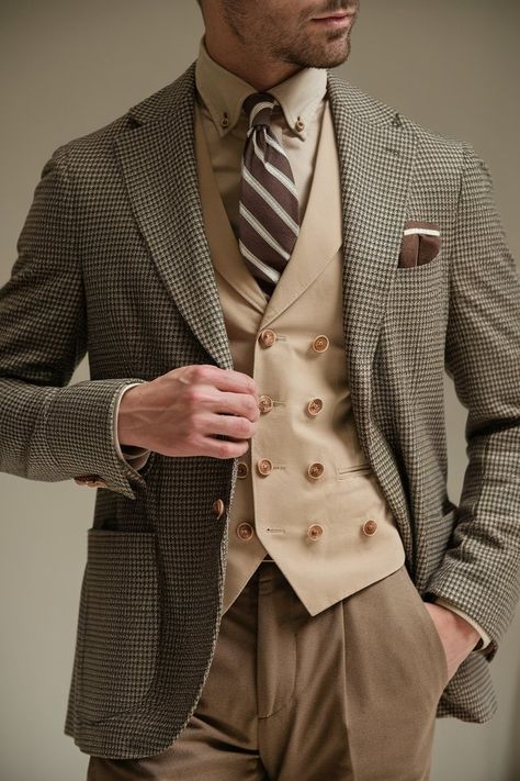 Elevate your wardrobe with this elegant old-money-inspired look. Featuring a houndstooth blazer, double-breasted beige vest, striped brown tie, and brown trousers, this outfit embodies timeless sophistication and classic menswear style. Perfect for formal or semi-formal occasions. Beige Vest, Brown Trousers, Classic Menswear, Brown Tie, Mens Attire, Houndstooth Blazer, Old Money Style, Classic Man, Style Classic