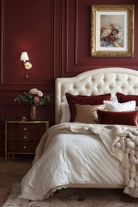 Create a lavish retreat with luxury bedrooms that focus on opulent comfort. Click to explore more ideas. Red And Gold Bedroom, Blue Tufted Bed, Married Couples Bedroom, Grey And Silver Bedroom, White And Gold Bedding, Gray Tufted Headboard, Pale Blue Bedrooms, Black Velvet Bed, Wood Sleigh Bed