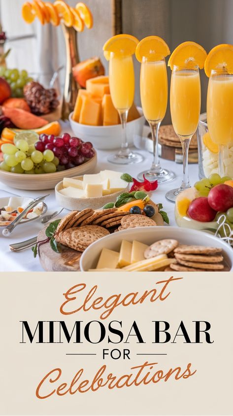 Elegant mimosa bar setup with fruits, cheeses, and champagne flutes for celebrations. Juice Bar Ideas Party, Mimosa Recipe For A Crowd, Mock Mimosa Bar Ideas, Mimosa Tower Ideas, Pretty Mimosas, Mockmosa Bar, Mimosas Bar Ideas, Mimosa Ice Cubes, Mimosa Brunch Ideas