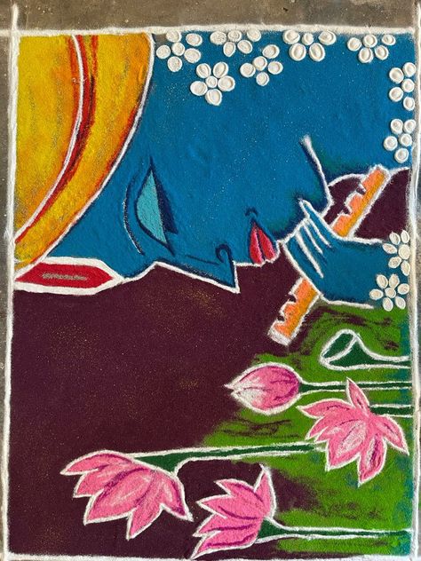 Modern art inspired Krishna rangoli Radha Krishna Rangoli, Rangoli Krishna, Krishna Rangoli, New Year Rangoli, Album Layout, Photo Album Layout, Study Flashcards, Rangoli Ideas, Big Rangoli Designs