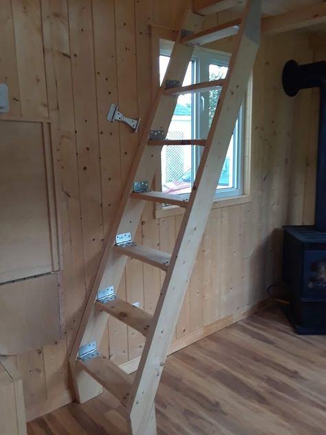 Bunkie Loft Stairs, How To Build Loft Stairs, Tiny Stairs For Loft, Tiny House Ladder Ideas, Folding Loft Stairs Ideas, Folding Ladder For Loft, Tiny House Stairs Diy Loft Ladders, Space Saving Stairs To Loft, Folding Loft Ladder