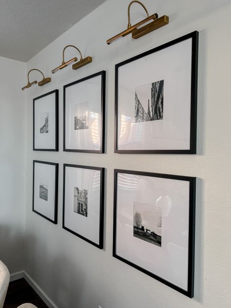 Wall Picture Collage Ideas Hallways, 20x20 Frame Gallery Wall, 16x16 Frame Gallery Wall, Hallway Photo Wall, Photo Frames For Wall, Dartboard Light, Black And White Gallery Wall, Gallary Wall, White Gallery Wall