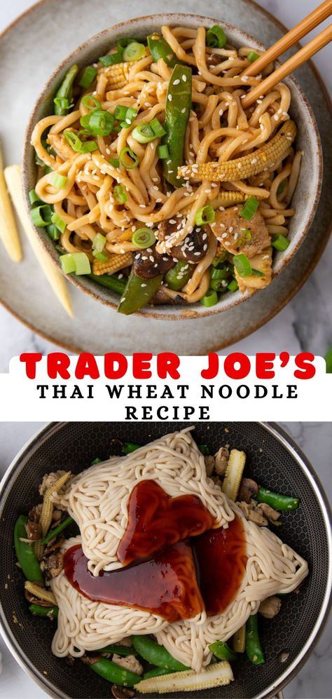 This Trader Joe's Thai wheat noodles recipe is savory, delicious, and full of flavor! It uses Trader Joe's staples that you have probably seen in stores and would be ready in no time. Follow along with this simple recipe to find out how to make it! Trader Joe’s Thai Wheat Noodles, Thai Wheat Noodle Recipe, Thai Wheat Noodles, Kfc Popcorn Chicken Recipe, Trader Joes Recipes Dinner, Trader Joes Meal Planning, Trader Joes Recipes Healthy, Thai Curry Sauce, Blackened Chicken Recipe