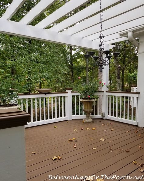 Deck Stained in Lodge Brown, Pegola, Outdoor Chandelier- Solid stain. Solid Stain Deck Colors, Solid Stain Deck, Sherwin Williams Deck Stain, Deck Paint Colors, Outdoor Deck Decorating, Deck Stain Colors, Patio Table Decor, Deck Stain, Modern Trellis