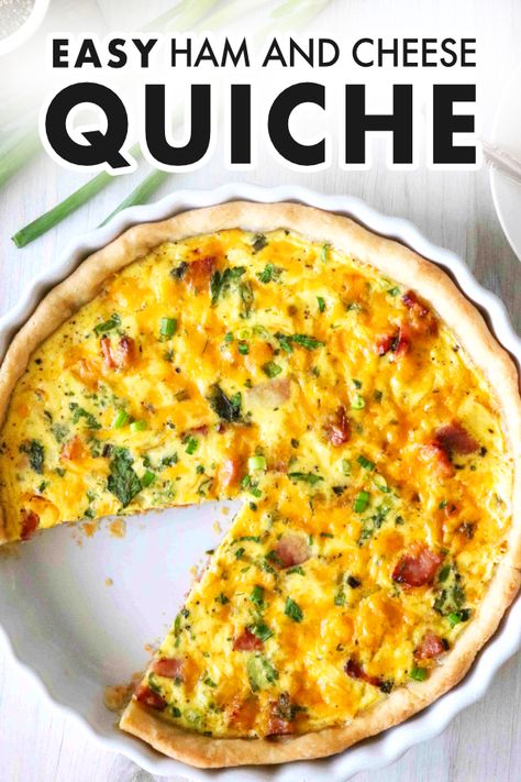 An easy quick recipe for ham and cheese quick that always yields a smooth and creamy filling, a tender, flaky crust, and tons of flavor! Salty bites of cubed ham, sliced green onions, Cheddar cheese, and an egg custard rests upon a perfectly baked, flaky pie crust! Serve this easy quiche for breakfast or at your next spring brunch! It also makes a wonderful Easter brunch menu item! Cubed Ham, Recipe For Ham, Cheese Quiche Recipe, Ham And Cheese Quiche, Easter Brunch Menu, Easy Quiche, Easy Ham, Cheese Quiche, Egg Custard