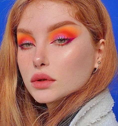 Orange Disco Makeup, Bright Colored Makeup Looks, Pops Of Color Makeup, Easy Colorful Makeup Looks, Pink Orange Makeup Look, Fun Colorful Eye Makeup, Orange And Pink Makeup Looks, Orange Eye Makeup Looks, Fun Makeup Looks To Recreate