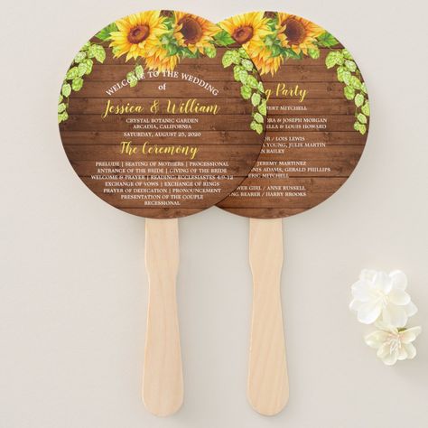 This high-quality design is easy to be customized to match your wedding colors, styles and theme. For further customization, please click the "customize further" link and use our design tool to modify this template. If you need help or matching items, please contact me. Wedding Party List, Wood Sunflower, Bloom Wedding, Party List, Simple Flyer, Hand Fans For Wedding, Sunflower Themed Wedding, Wedding Fans, Sunflower Wedding