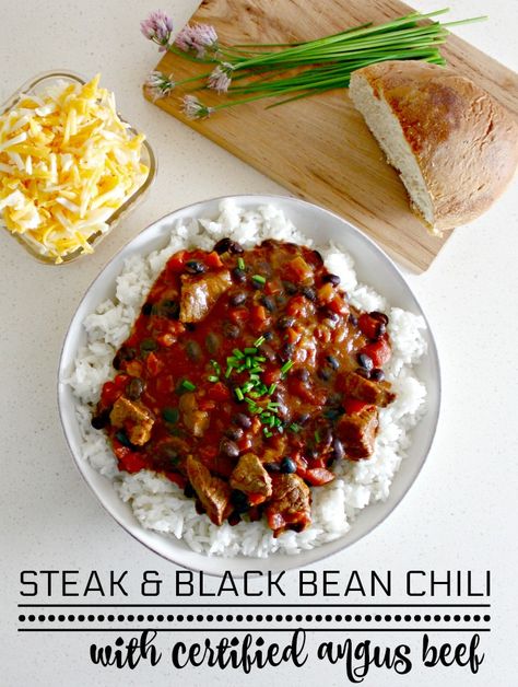 Hearty Steak and Black Bean Chili on Rice #SundaySupper Chili Recipe With Steak, Recipe With Steak, Steak Chili Recipe, Black Bean Chili Recipe, Chili Recipe With Black Beans, Steak Chili, Chicken Soup Recipes Easy, Bean Chili Recipe, Black Bean Chili