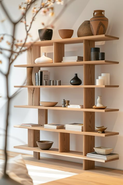 Japandi Bookshelf: Organizing with Style and Simplicity - Quiet Minimal Japandi Bookshelf Styling, Diy Modern Bookshelf, Japandi Floating Shelves, Japandi Shelving, Scandinavian Product Design, Japandi Furniture Design, Japandi Bookcase, Collapsible Bookshelf, Wabi Sabi Bookshelf