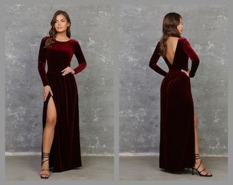 Maroon Winter Bridesmaid Dresses, Maroon Velvet Bridesmaid Dresses, Holiday Dresses Christmas Parties, Burgundy Dress Bridesmaid, Revenge Dresses, Dark Burgundy Dress, Velvet Burgundy Dress, Bridesmaid Dress Velvet, Open Back Long Sleeve Dress