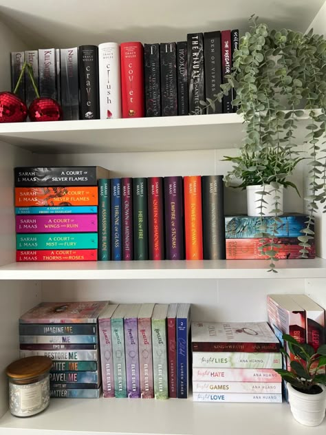 Small Bookshelves Aesthetic, How To Fill Bookshelves, Sarah J Maas Bookshelf, Aesthetic Small Bookshelf, Sjm Bookshelf, Bookshelf Decoration Ideas, Bookshelf Inspo Bookcase Styling, Bookshelf Organization Aesthetic, Bookshelf Styling Aesthetic