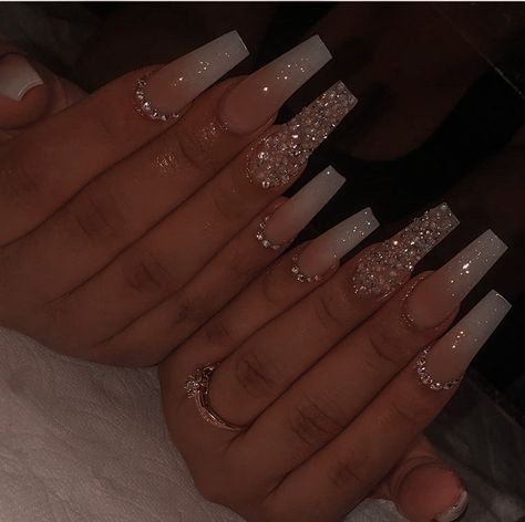 Homecoming Nails Blue, Prom Nails Red, White Coffin Nails, White And Silver Nails, Wedding Nails Glitter, White Glitter Nails, Ombre Acrylic Nails, Nails Homecoming, Homecoming Nails Acrylic