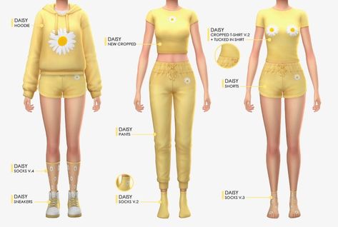 Daisy lover set (Part.3) | Patreon Tucked In Shirt, Daisy Shorts, Yellow Clothes, Yellow Hoodie, Female Clothing, Color Swatch, Sims 4 Cc, Sims Cc, Crop Tshirt