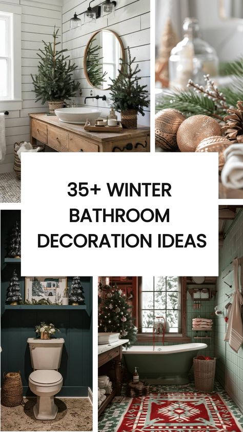 Transform your bathroom into a cozy winter retreat with these 35+ inspiring decoration ideas. From festive accents to calming color schemes, elevate your space for the season ahead. Check these 35+ Winter Bathroom Decoration Ideas. Master Bathtub Decor Ideas, Bathroom Sink Christmas Decor, Rustic Christmas Bathroom Decor, Winter Bathroom Decor Ideas, Couples Bedroom Wall Decor, Brick Fireplace Decor, Winter Bathroom, Fall Bedroom Ideas, Red Brick Fireplaces