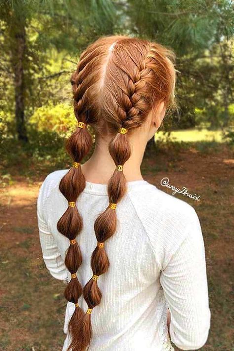 Bubble Braided Pigtails Red Hair. Ways To Wear Braided Pigtails That Don't Look Childish.  #lovehairstyles.com #bubblebraids #hairstyles #cutepigtails French Braid Pigtails, Recipes Tutorials, Tail Hairstyle, Bubble Braid, Hairstyles Pigtails, Braided Ponytail Hairstyles, Pigtail Braids, Fishtail Braid