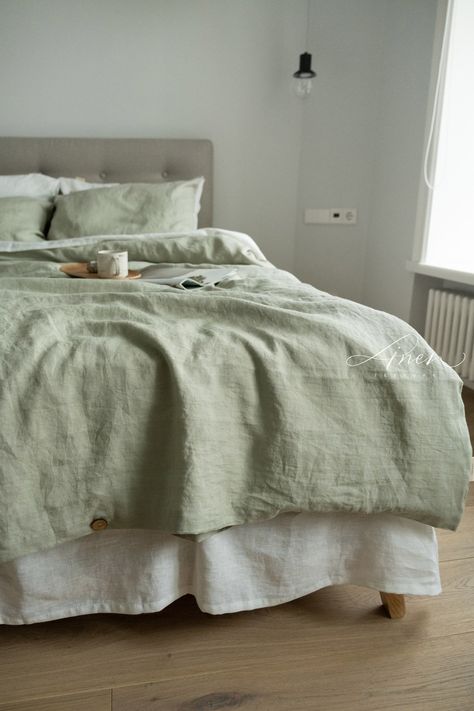 Green Bedding Grey Headboard, Safe Green Duvet Cover, Sage Green Bed Spread, Sage Green Comforter Bedroom, Grey And Sage Green Bedroom, Cream And Sage Bedroom, Green Bed Spread, Light Green Duvet, Light Green Bedding