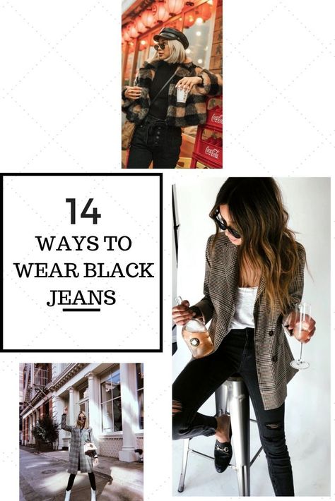 What to wear with black jeans | How to style black jeans | 14 cute outfit ideas for women. Whether you are going to work, going out at night, going to school, going on a date, or going to a party, these stylish and fashionable looks are perfect for fall, winter, spring and summer! Style skinny jeans, ripped jeans and high waisted jeans with sneakers, boots, sandals and even heels to give off different vibes: dressy, casual, grunge, classy, edgy and street style. #BlackJeanOutfits #OutfitIdeas Chic Black Fall Jeans, Edgy Black Jeans For Everyday Wear, Black Ripped Jeans For Night Out, Jeqns Ans Black Boots, Alternative Style Black Denim Jeans, Black Distressed Jeans Outfit, Cute Outfit Ideas For Women, Ways To Style Black Jeans, Faded Black Jeans Outfit