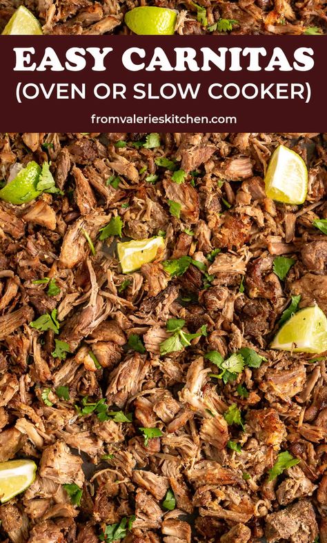 Use your oven or slow cooker to create perfectly seasoned, crispy pork Carnitas at home. This versatile shredded pork can be used to make a wide variety of Mexican-inspired meals. Authentic Carnitas Recipe Crockpot, Pork Carnitas Seasoning Recipe, Oven Carnitas Pork, Pork Butts In The Crock Pot Carnitas, Pork Roast Crock Pot Recipes Mexican, Carnitas Stove Top, Carnitas Pork Shoulder, Carnitas Oven, Authentic Carnitas Recipe