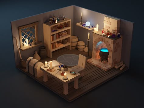 Low poly witch's laboratory in blender Blender Low Poly Environment, Witch Laboratory, Blender 3d Inspiration, Low Poly Interior, Witch Hut, Escape Room Puzzles, Ipad Pro Wallpaper, Witch Room, Blender Models