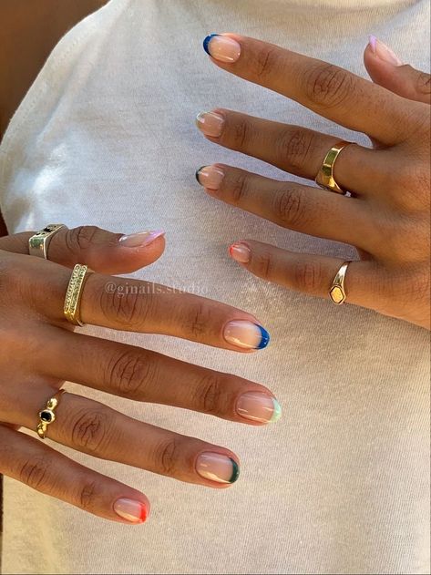 Short Nail 2024 Trends, Short Color French Nails, Color French Tip Nails Summer, Hamptons Nails, Short Colored French Tip Nails, Short Round Nails Summer, Multicolor French Tip Nails, Multi Colored French Tip Nails, Dip Nail Design