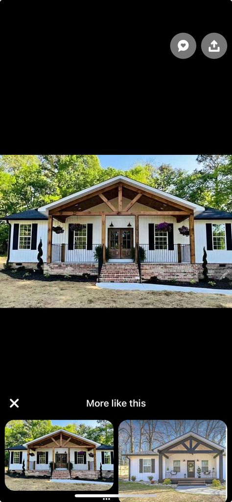 Porches On Ranch Style Homes, Outside Remodel House, Wrap Around Porch Double Wide, Tan Mobile Home Exterior, Concrete Porch Ideas For Mobile Homes, Mobile Home Upgrades Exterior, Double Wide Curb Appeal, Front Porch Double Wide, Back Porch Mobile Home