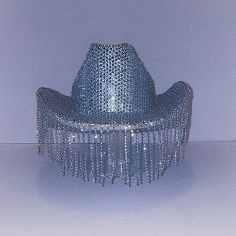 Silver Cowgirl Hat, Diamond Cowboy Hat, Diy Cowgirl Hat Ideas, Cowboy Hats Decorated, Decorated Cowboy Hats, Cowgirl Hat Birthday, Glitter Cowgirl Hat, Disco Cowgirl Hat, Nashville Fits