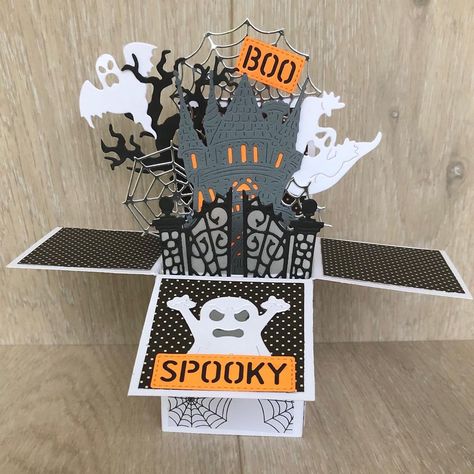 Sabrina Leavell on Instagram: “Another haunted house! These ones are always the first to sell so I’m trying to make some different variations. The house and spider webs…” Halloween Pop Up Cards, Not So Scary Halloween, Pop Up Box, Pop Up Box Cards, Flamingo Birthday, A Haunted House, Spider Webs, Halloween Card, Box Card